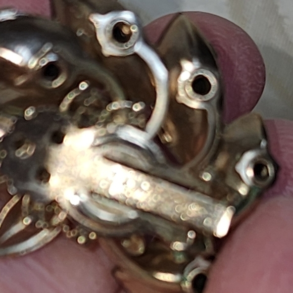 JUDY LEE Vintage 50s Brooch & Clip-On Earrings Set Gold Leaf Aurora Rhinestones - Picture 10 of 14